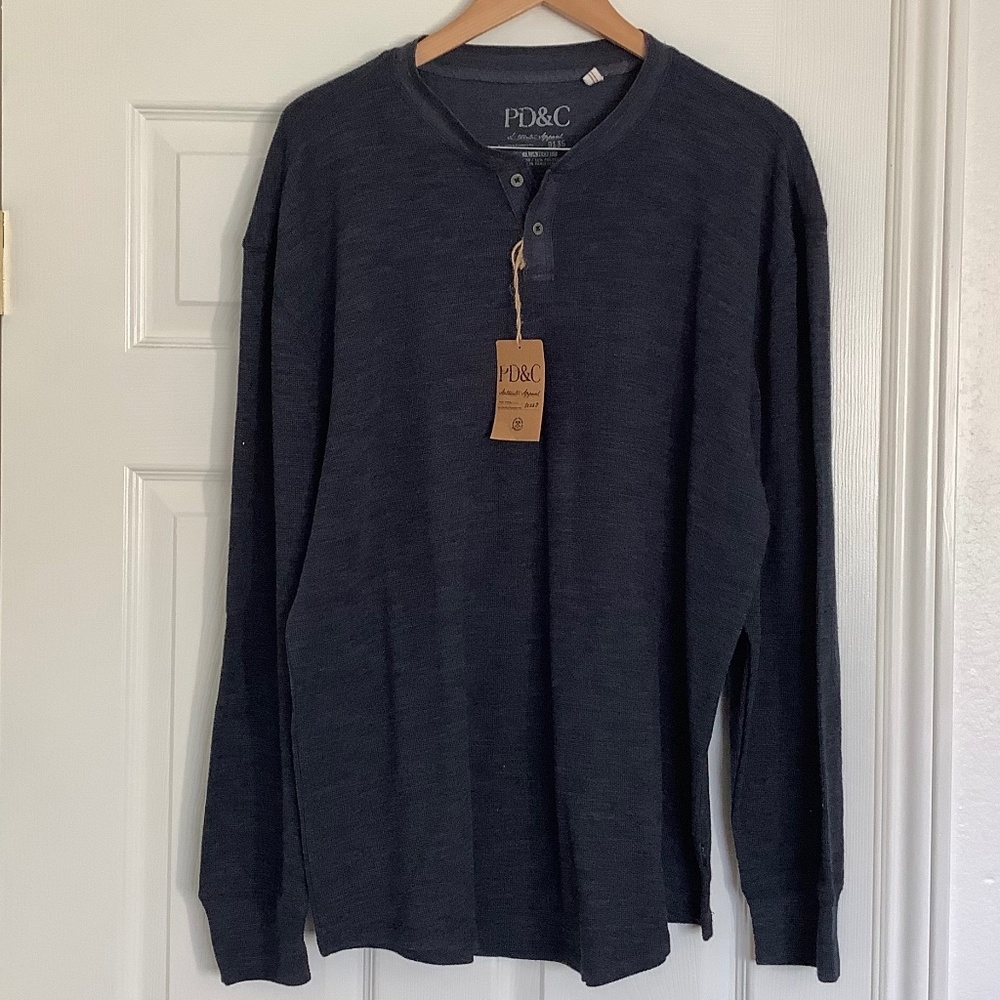 Mens XL - New PD&C Long Sleeve Henley Button Shirt Navy Blue Cotton Polyester